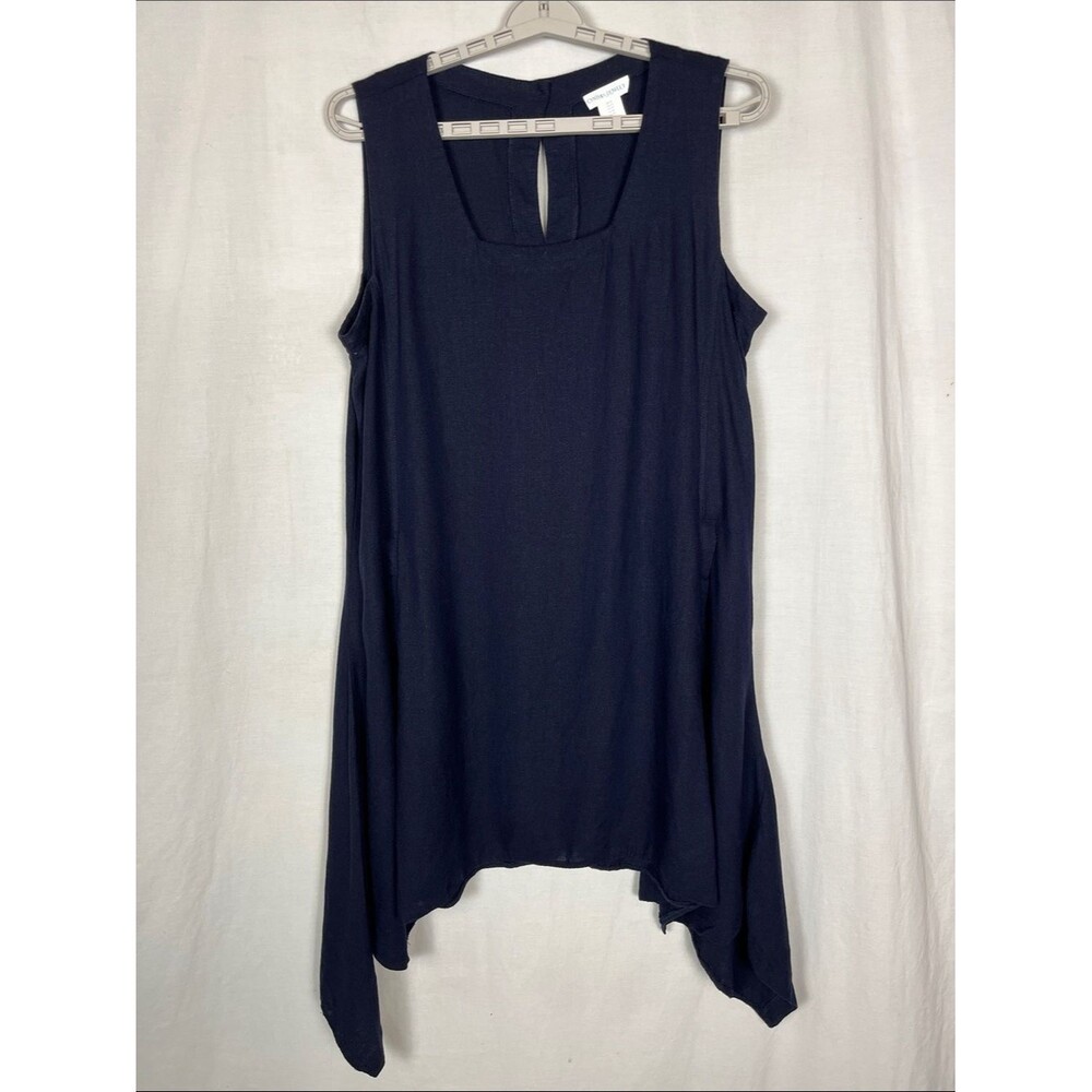 Cynthia Rowley Linen Blend Square Neck Navy Blue Midi Dress Sharkbite Hem